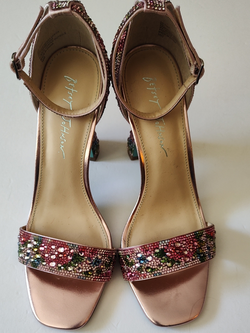 BETSEY JOHNSON Dani Rose Gold Multicolor Crystal Ankle Strap Heels Size 9